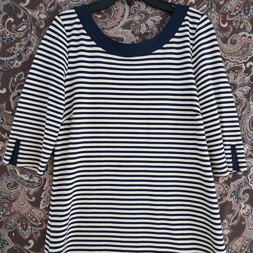 Banana Republic Navy White Striped Sheath Dress Scoop Neck Elbow Sleeve Size 10 - Picture 9 of 16